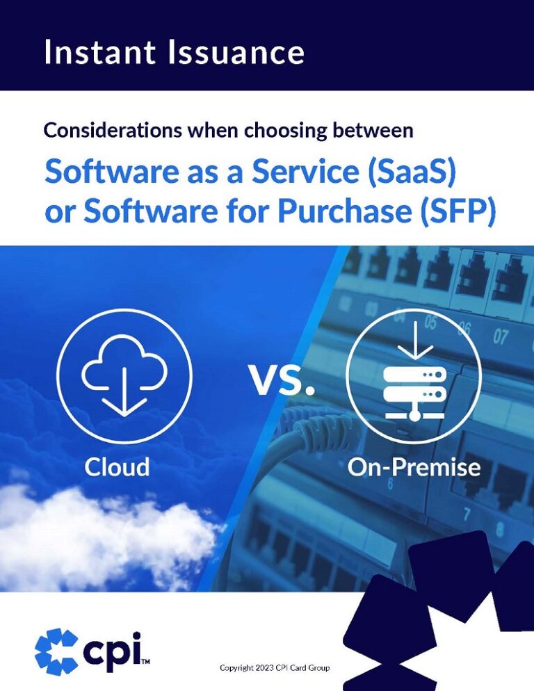 White paper cover reads Instant Issuance - Considerations when choosing between Software as a Service (SaaS) or Software for Purchase (SFP)