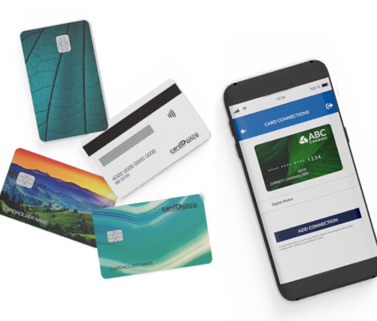Four colorful vertical and horizontal payment card designs printed through CPI's Card@Once instant issuance featured next to a mobile phone displaying a credit/debit card provisioned by CPI's push provisioning solution